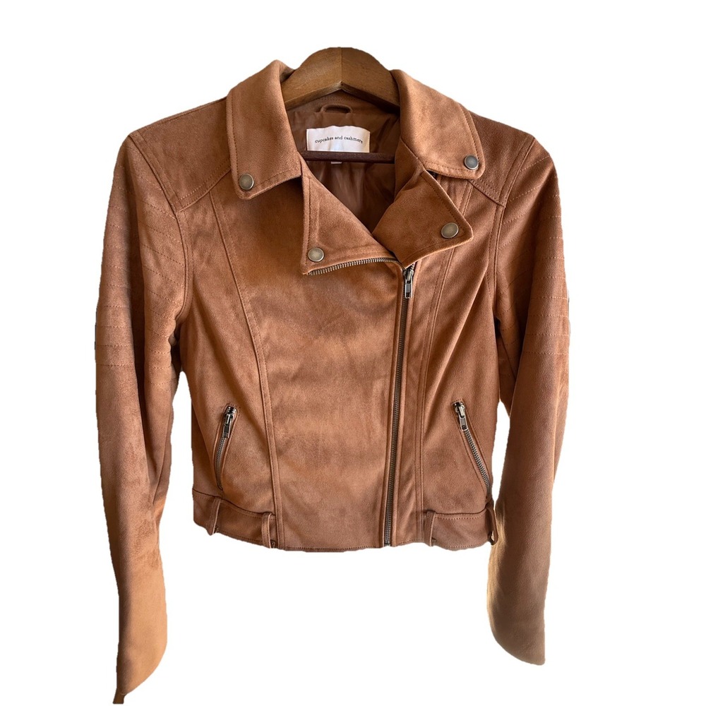 Cupcakes and Cashmere Brown Moto Jacket Womens Medium Cropped Biker Faux Suede - Picture 7 of 16